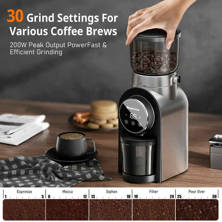 Electric Coffee Grinder, Maestri House Stainless Steel Coffee Beans Grinder with 30 Precise Grind Settings, Silver