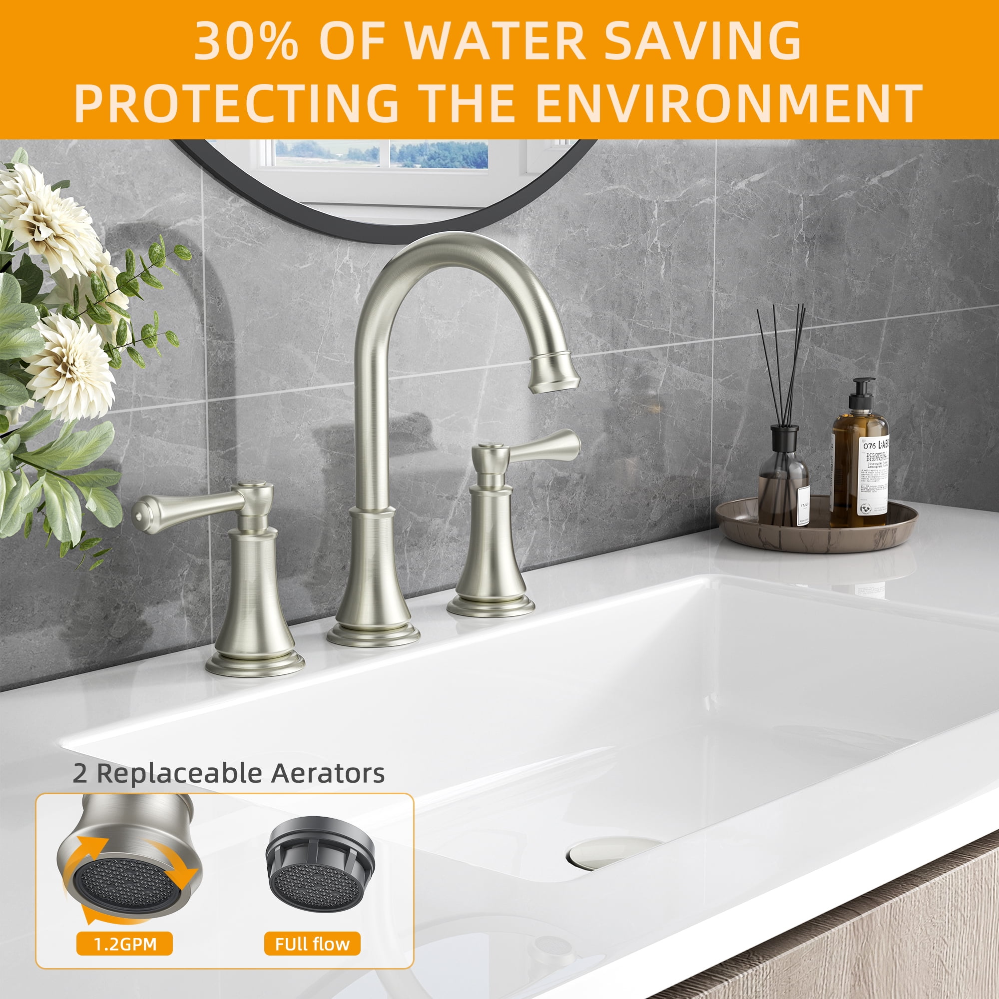 SUGIFT 8" Widespread Bathroom Faucet, Brushed Nickel Bathroom Vanity Sink Faucets with Pop-up Drain and Supply Hoses