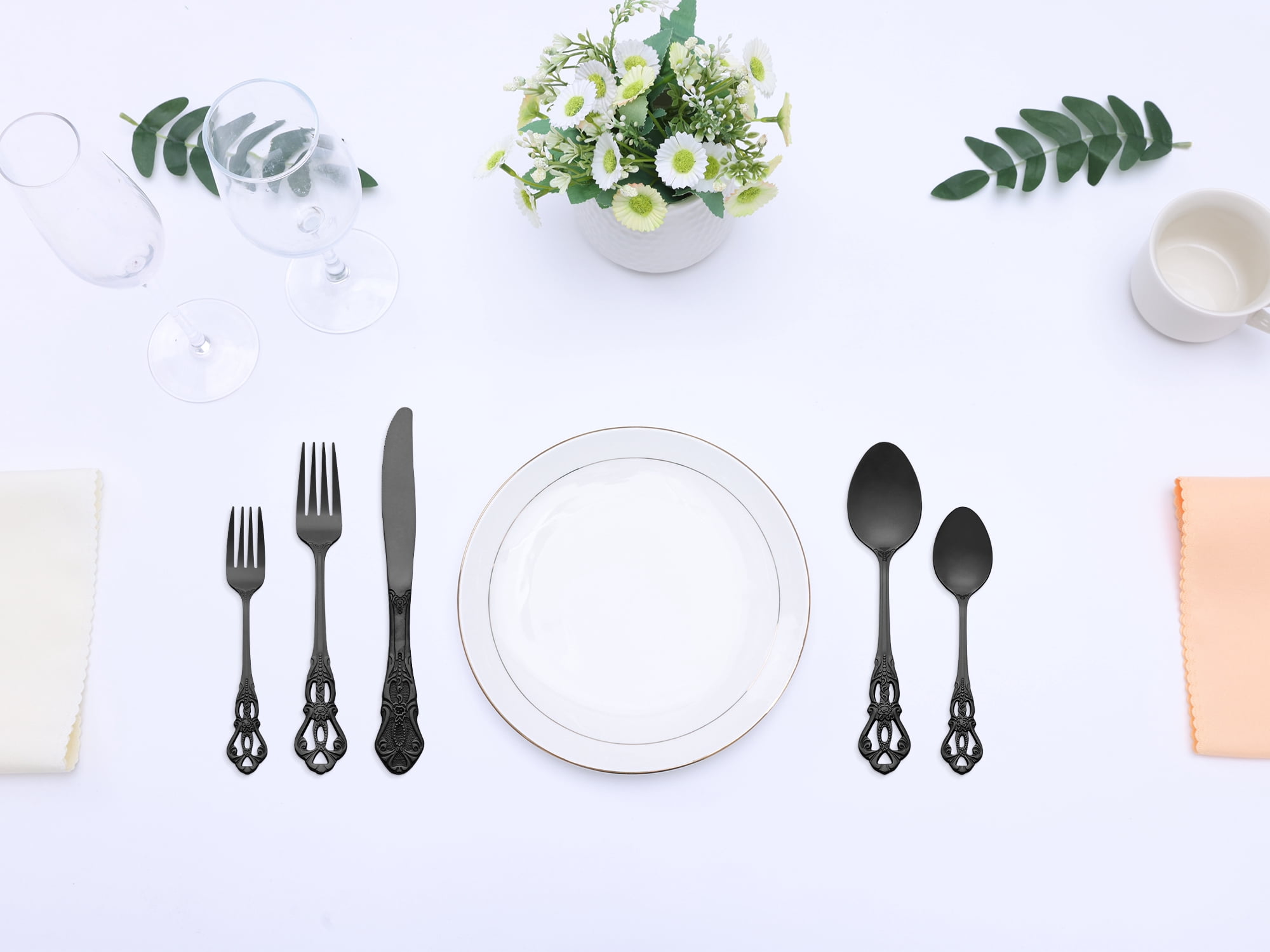 Unique Bargains 30 Piece Silverware Stainless Steel Flatware Set with Openwork Black