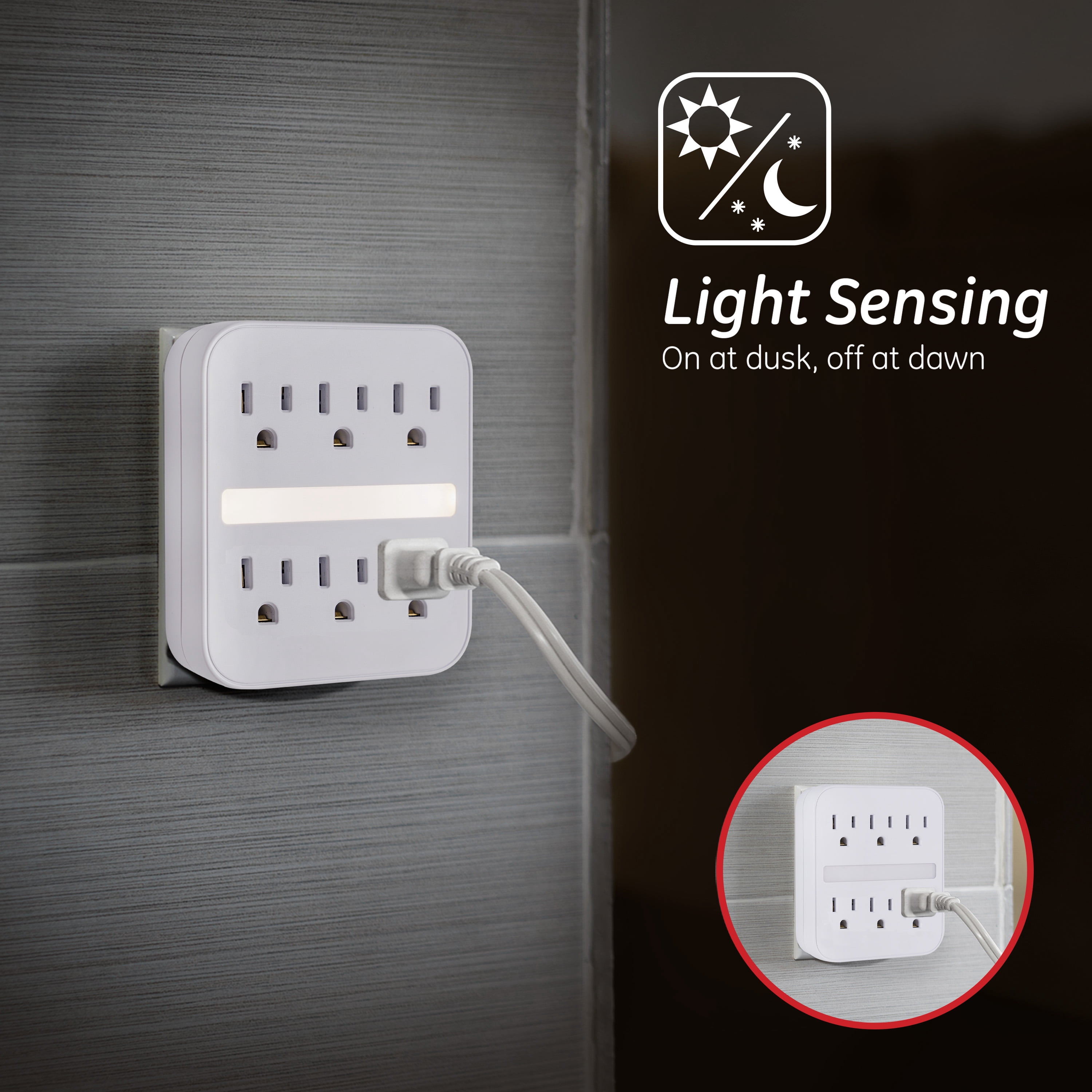 GE 6-Outlet Grounded Tap with LED Night Light, 440J, Light Sensing