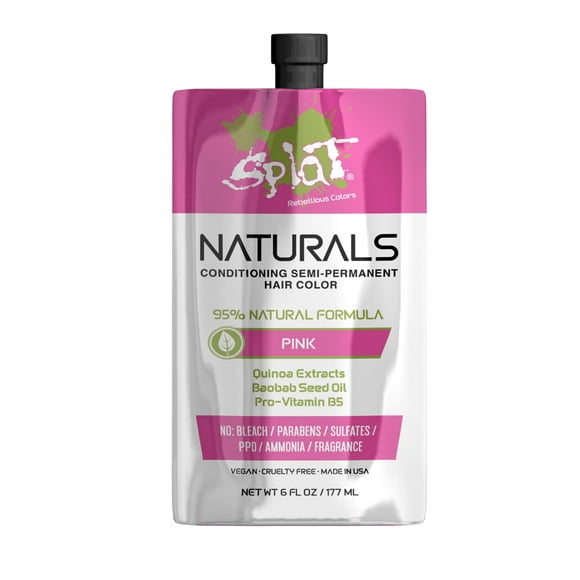 Splat Naturals Semi-Permanent Hair Color, Pink, 6 fl. oz., 95% Natural Hair Dye Formula Lasts Up to 30 Washes, Vegan & Cruelty-Free Semi Permanent Hair Color