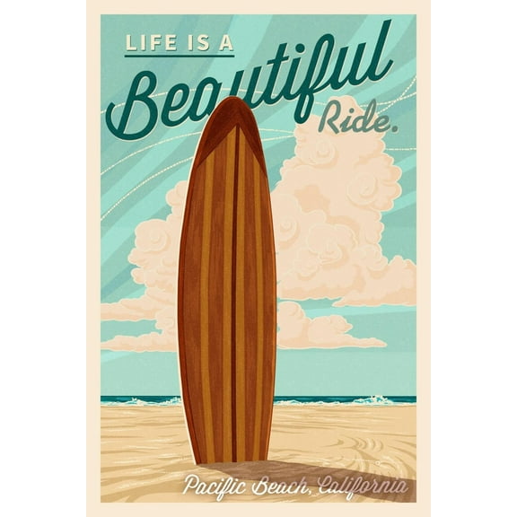 Art.com Pacific Beach, California - Life is a Beautiful Ride - Surfboard Letterpress Art Print by Lantern Press, 12" x 18"