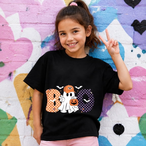 Halloween Shirts for Kids, Cute Ghost Graphic Short Sleeve Casual T-Shirt for Halloween Party