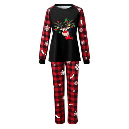 

Family Matching Pajamas Sets Christmas Clothing Long Sleeve Cartoon Elk Print Top with Plaid Pants Sleepwear Loungewear