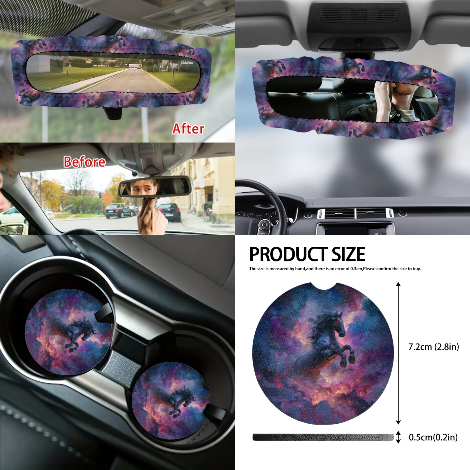Renewold Black Horse Galaxy Car Seat Cover Full Set 14 Pack, with Steering Wheel Seat Belt Rear View Mirror Center Console Trash Can Coaster Gear Shift Knob Cover Set Universal Fit for Most Vehicles