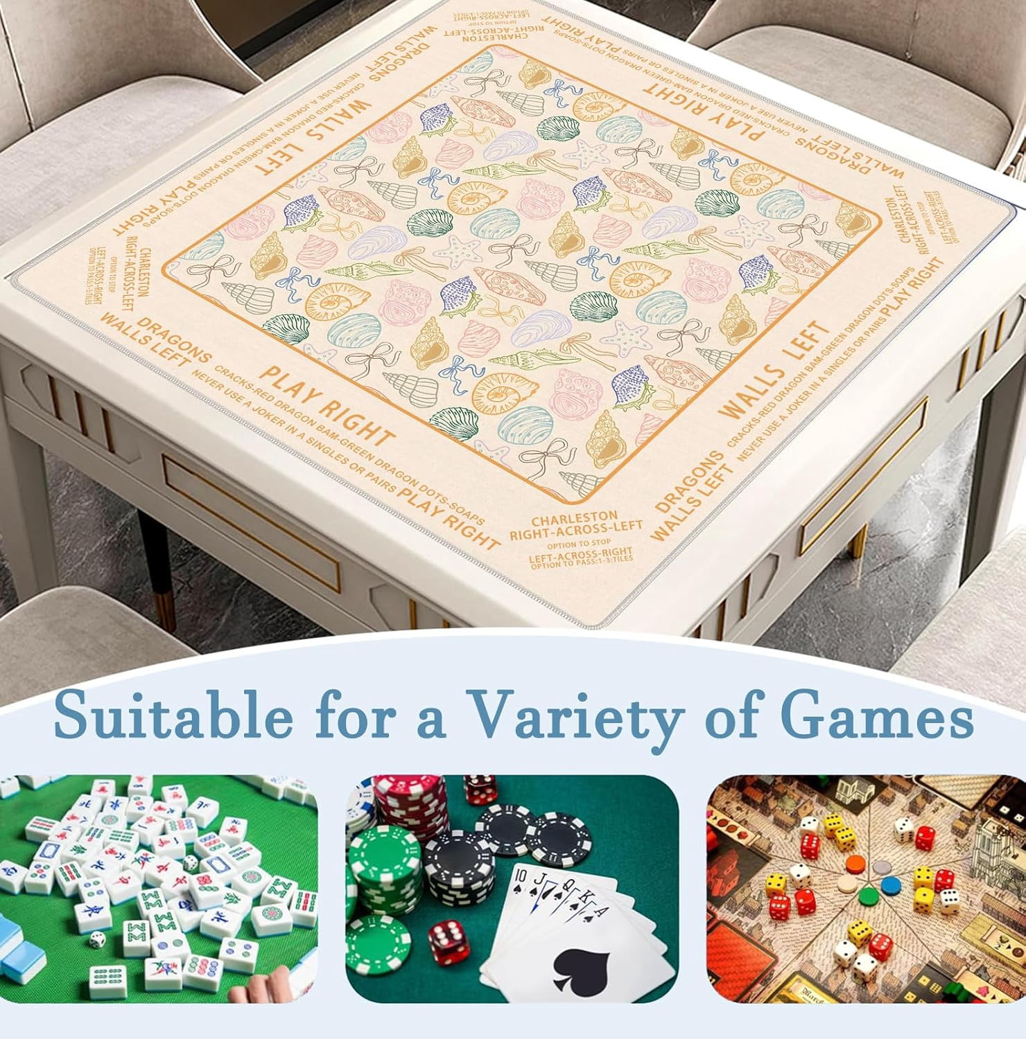 Beige Nautical Coastal Beach Shell Mahjong Mat 31.5" x 31.5", Bow Non-Slip Noise Reduction Mahjong Table Cover Accessories Supplies for Dominoes Poker Card Board and Tile Games Gifts