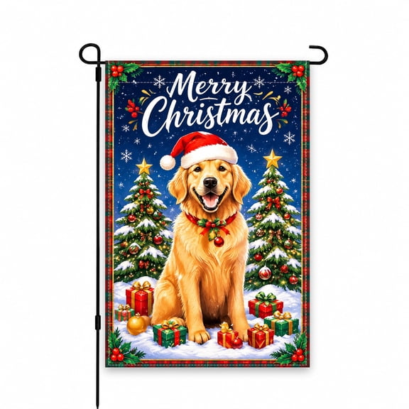 Merry Christmas Dog Garden Flag 12"x18" – Festive Holiday Decor with Golden Retriever, Santa Hat, and Christmas Trees – Perfect for Yard, Lawn, or Patio Display
