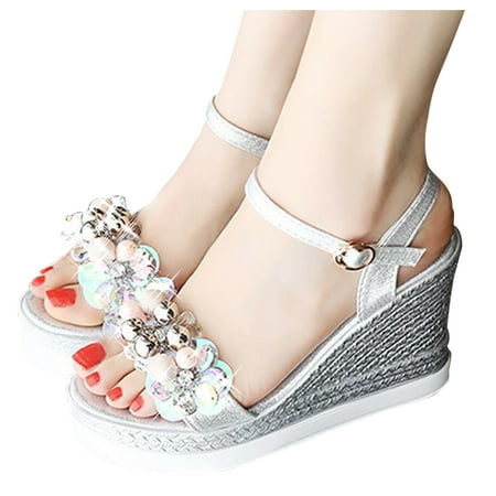 Aayomet Platform Sandals High Sandals Platforms Heels Wedges Women Ladies Fashion Shoes Floral Women s sandals Silver 8.5