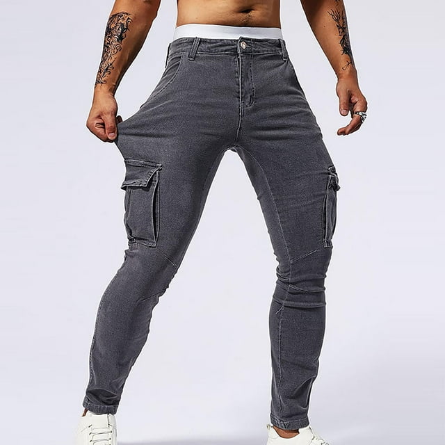 Pantalones cargo de mezclilla para hombre, de longitud completa, informales, a la moda, con bolsillos, de color liso, elásticos, ajustados, con pierna pequeña