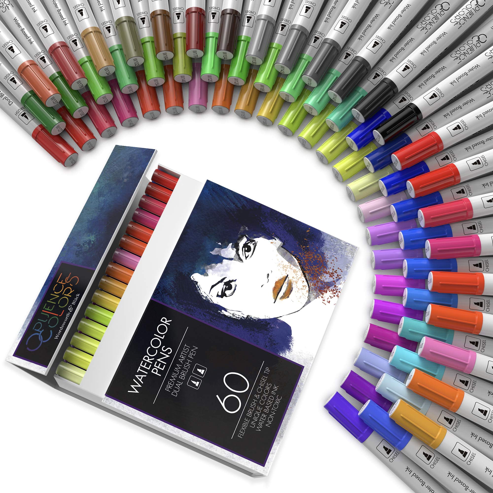 Wordsworth & Black 60 Pack Dual Tips - Brush and Chisel Tips, Professional Watercolor Pens