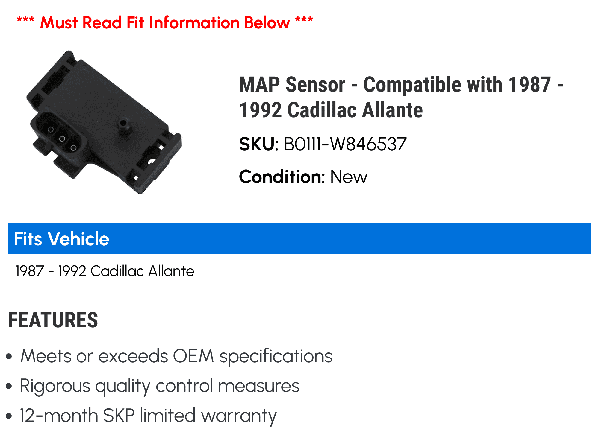MAP Sensor - Compatible with 1987 - 1992 Cadillac Allante 1988 1989 1990 1991