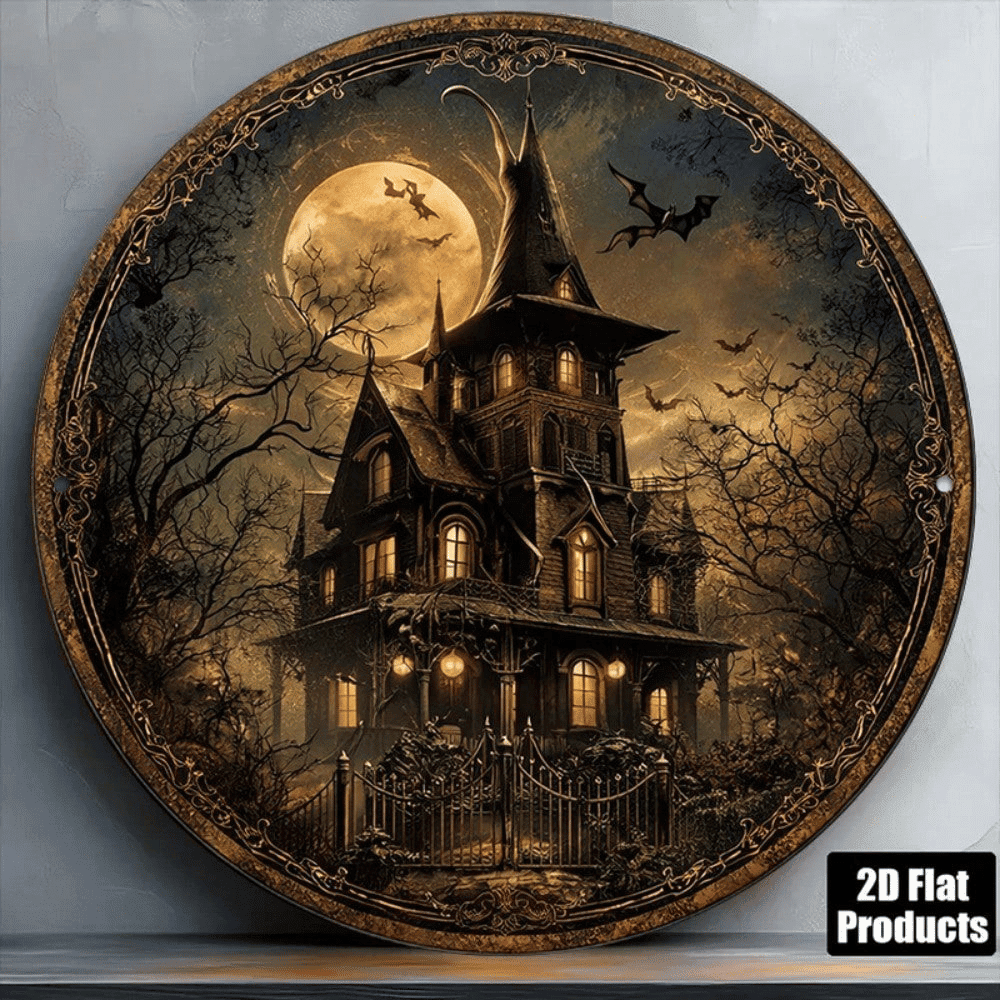 8x8in Vintage Halloween Sign, Flat Round Plaque, Haunted House Horror Castle Decor