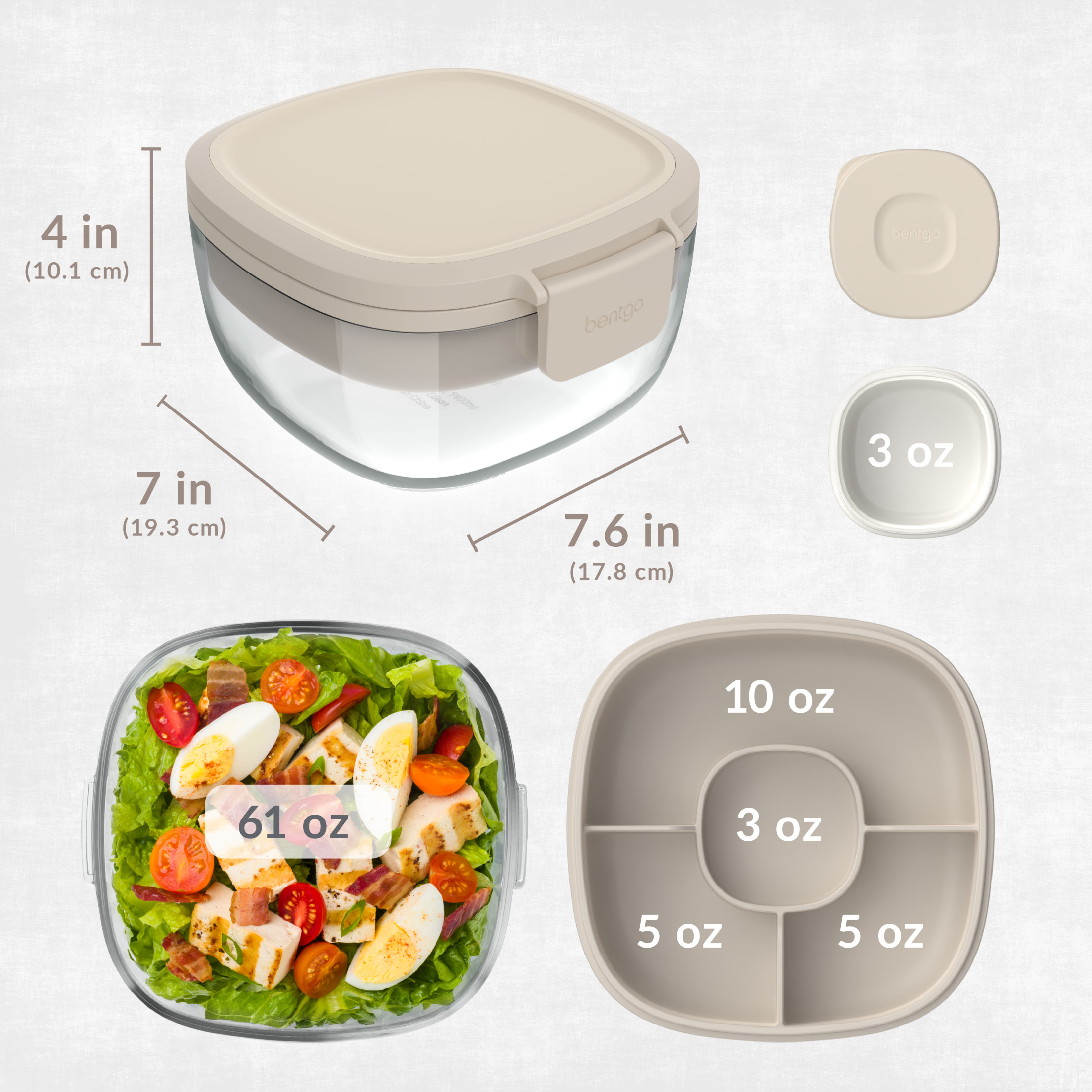Bentgo® Glass All-in-One Salad Container - Large 61-oz Salad Bowl with Lid, 4-Compartment Bento-Style Tray, Sauce Container & Fork - Dishwasher, Microwave, and Oven Safe - White Stone Tan