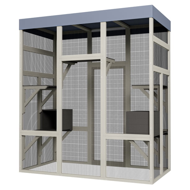 Yeshouse Recinto para gatos Catio de madera de 180 cm para exterior, con plataformas, dos casetas para dormir y techo impermeable resistente a rayos UV