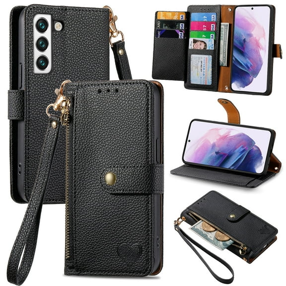Wallet Case for Samsung Galaxy S21 FE Women Men, Durable PU Leather Magnetic Flip Lanyard Strap Wristlet Zipper Card Holder Kickstand Wallet Phone Case Cover Full Body Protection, Black