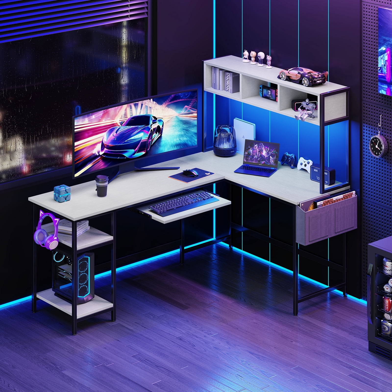 MCQ 94.5" Large L-Shaped Gaming Desk with LED Lights, Power Outlets, Drawer, Keyboard Tray & Hutch, White