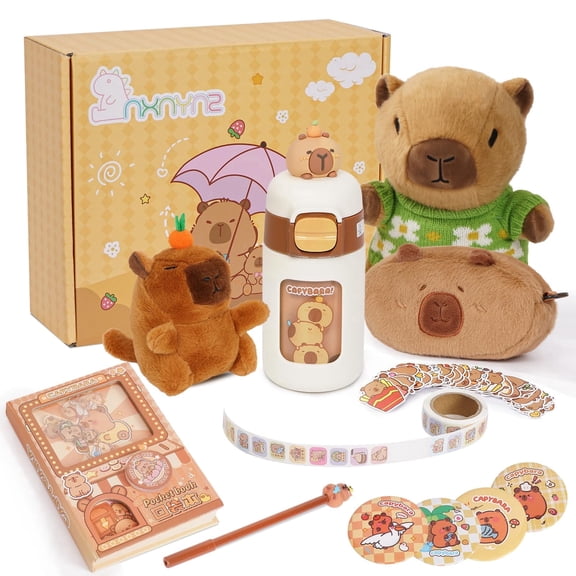YSZZYSM Capybara Plush Set with Stuffed Animal, Stationery & Accessories, 9-Piece Gift Box for Kids