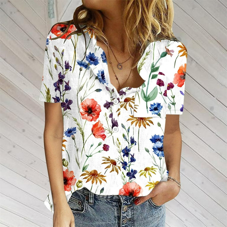 Summer Tops for Women Clearance-Sale Short Sleeve Plus Size Printing Floral  Pattern Buttons Blouse V-Neck Classic Loose Fit Tunic Formal Daily Ladies