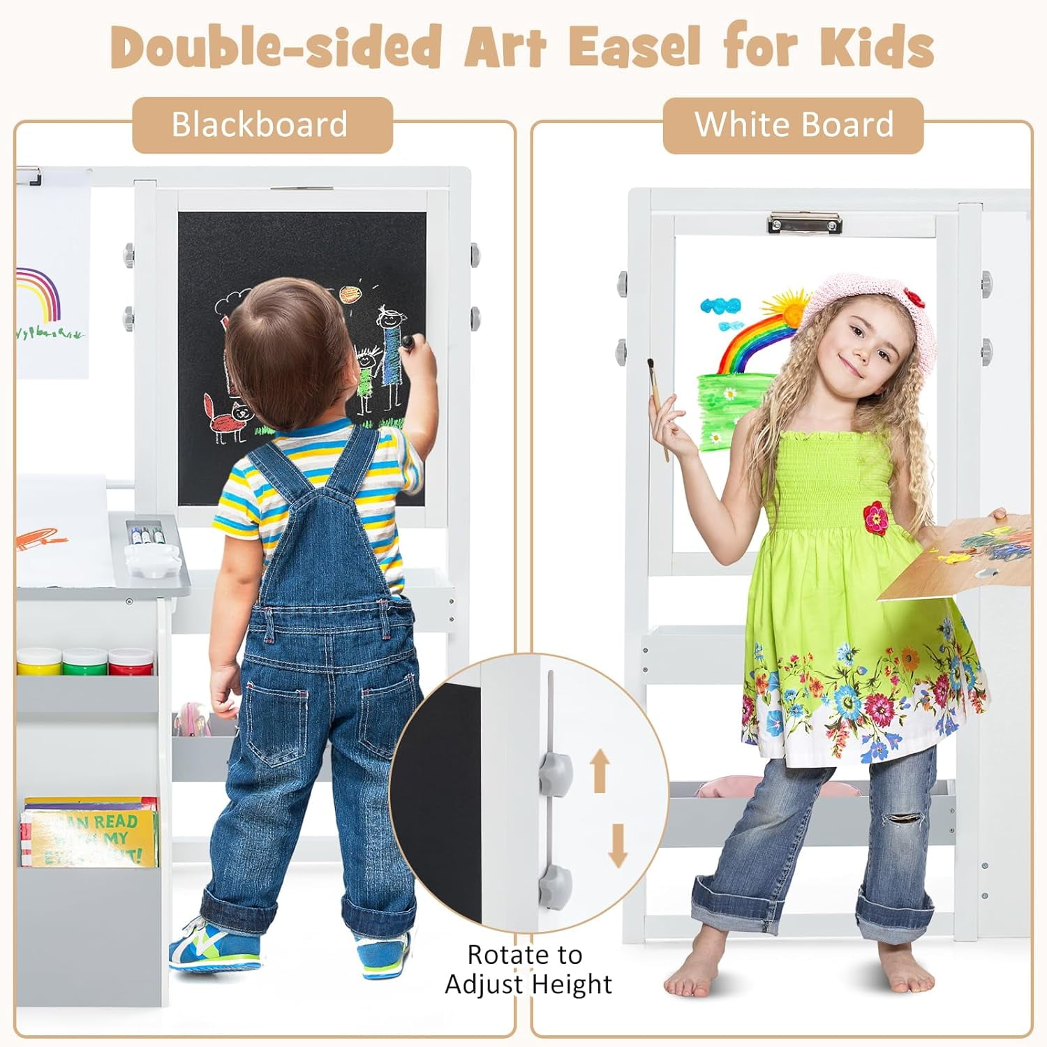 INFANS Kids Art Table and Chair Set, 3 in 1 Toddler Craft and Play Wood Activity Desk with Double-Sided Easel Paper Roll for Drawing Painting Writing, Children Furniture for Daycare Playroom
