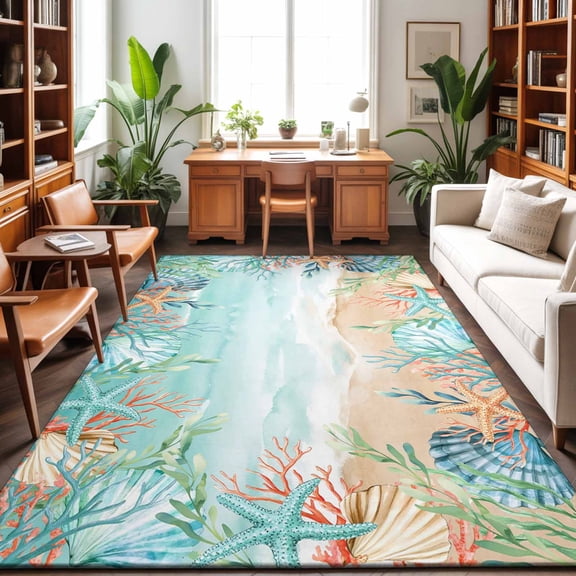 Area Rugs 3'x5', Ocean Coastal Carpet Runner Indoor Outdoor Rugs Home Decor Aesthetic, Summer Nautical Beach Coral Starfish Non Slip Mats Washable Accent Rug for Living Room Bedroom