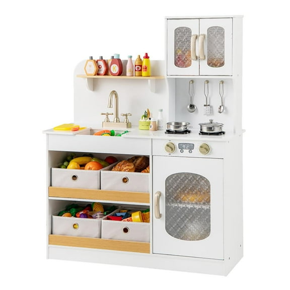 Topcobe Kids Kitchen Playset with Cooking Accessories and Toy Cuttable Veggies, Kid's Toys for Indoor Outdoor, Ideal Gift for Toddlers-White