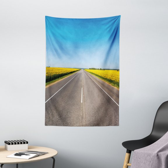 Yellow and Blue Tapestry, On the Road Theme Highway with Sunflower Field Backdrop Nature Panorama, Wall Hanging for Bedroom Living Room Dorm Decor, 40W X 60L Inches, Grey Sky Blue, by Ambesonne