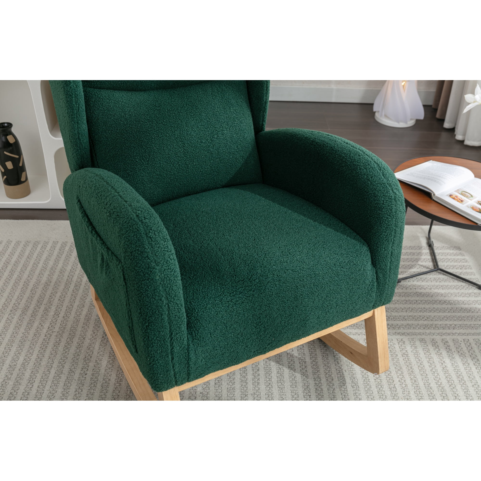 Rocking Chair Nursery,Teddy Fabric Uplostered Rocking Glider Chair with Side Pocket,Modern High Backrest Single Sofa for Living Room, Hotel, Bedroom, Baby Room,Green