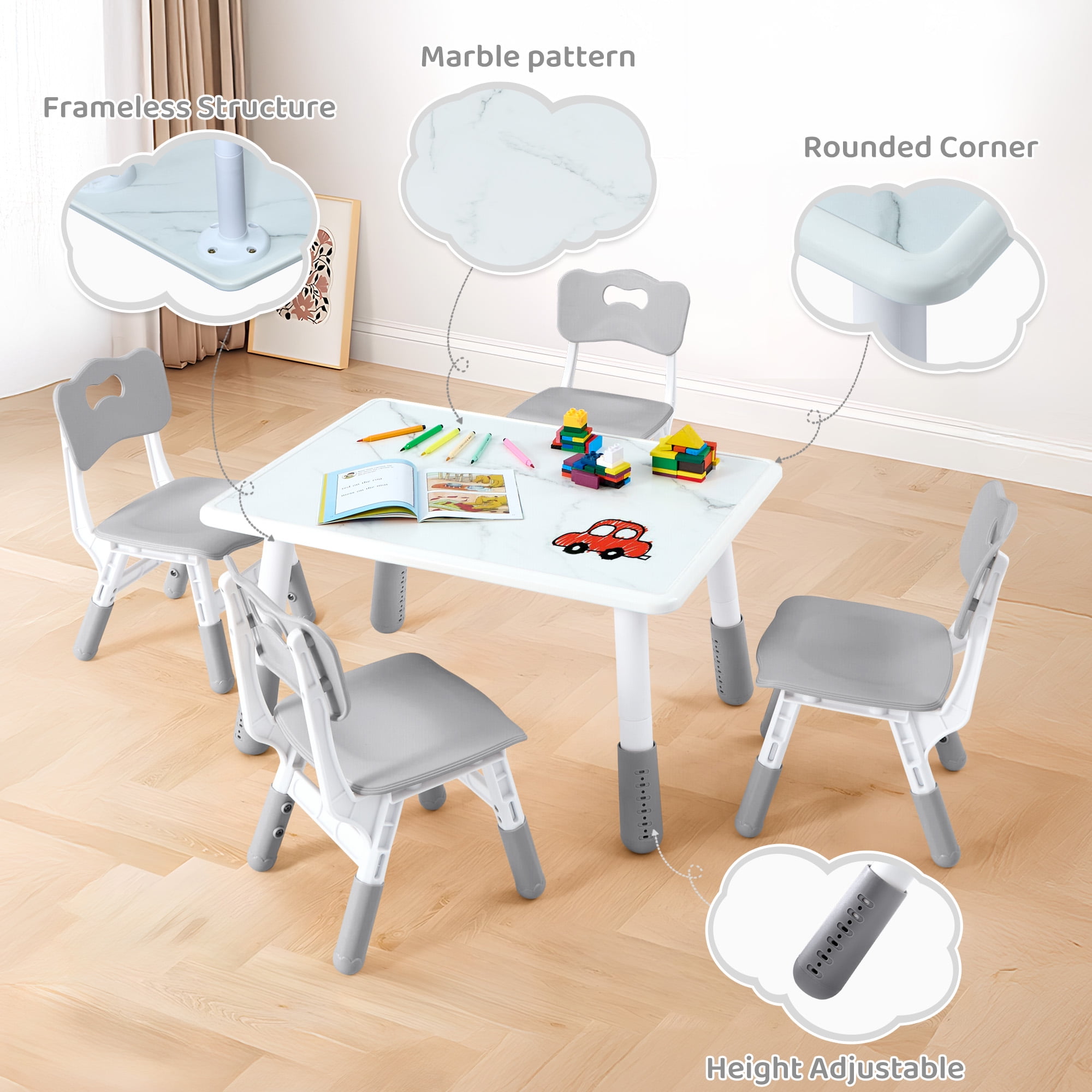 Toddler Table and 4 Chairs Set, Height Adjustable Kids Table and Chair Set, 31.5''L x 23.6''W, Marble Pattern & Graffiti Desktop, Children Multi-Activity Table for Home/Daycare/Classroom