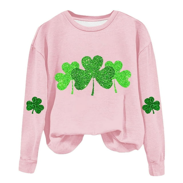 AherBiu Chandails en Molleton de la Saint-Patrick pour Femmes Col Rond Manches Longues Imprimé Trèfle Doublé en Polaire Vêtements de Printemps
