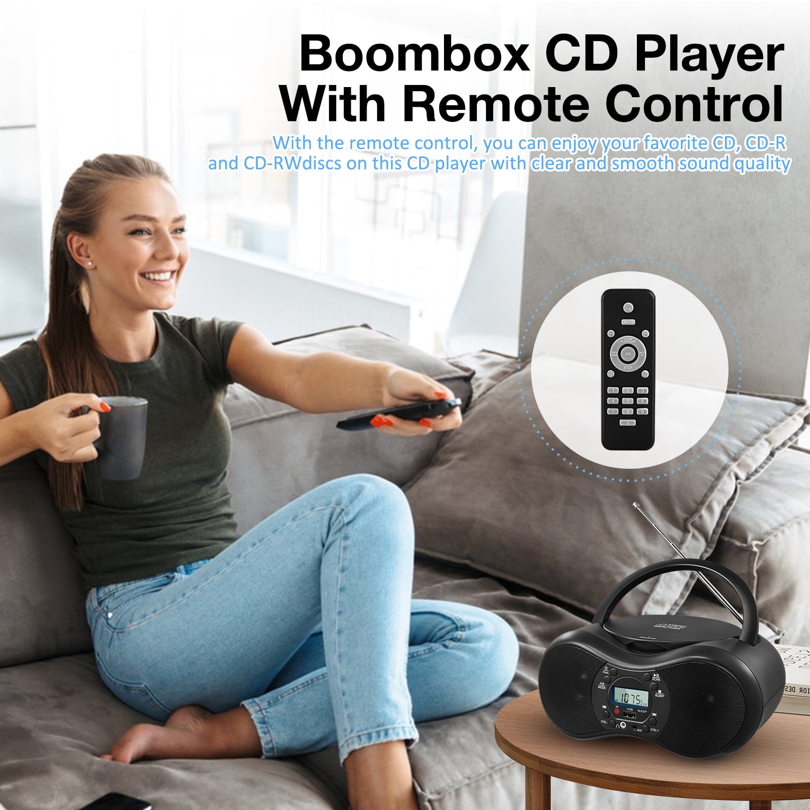Portable CD Player Boombox with FM Radio, Bluetooth, and USB Port ,Stereo Sound with Remote Control,CD-R/RW and MP3 CDs Compatible,3.5mm Aux Input and Headphone Jack.