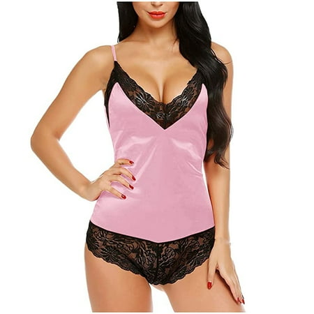 

Floleo Women Two Piece Outfits Clearance Summer Women Sexy Soft Solid PajamasLace Stitching V-Neck Sling Lingerie Comfy Sexy Sleepdress Fall