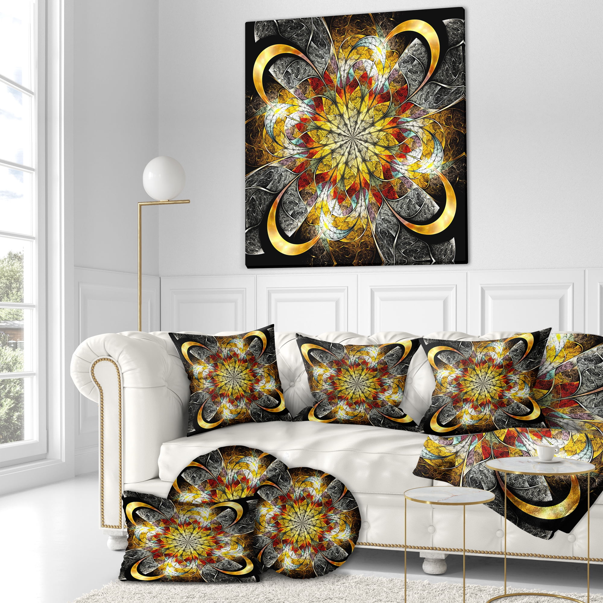 Designart Symmetrical Golden Flower - Floral Throw Pillow - 18x18