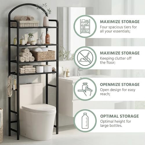 4-Tier Over The Toilet Storage, Bathroom Organizer, Space-Saving, Above Toilet Storage Rack with 4 Hooks and Paper Holder, Metal Shelf, Black