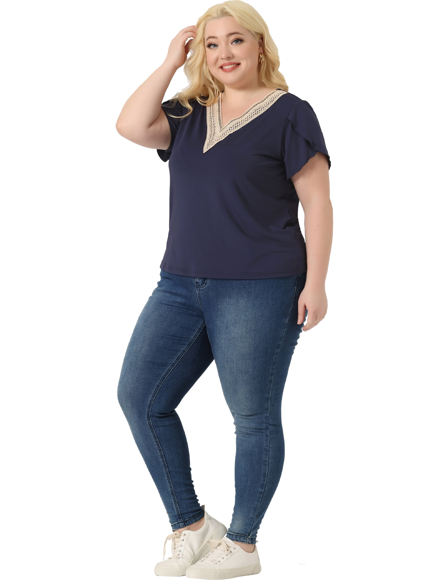 Unique Bargains Women Plus Size Casual Lace V Neck Short Sleeve Tunics Blouses Navy Blue 4X