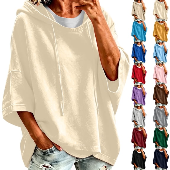 Women's Oversized 3/4 Sleeve Hoodie Sweatshirt, Casual Drawstring Hooded Loose Solid Color Basic Tops for Weekend Errand Outfit