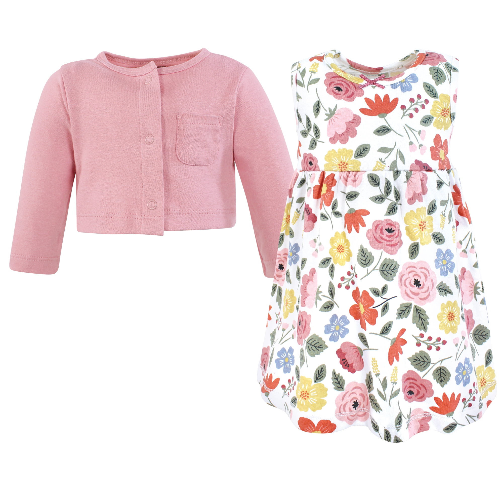 Hudson Baby Infant and Toddler Girls Cotton Dress and Cardigan Set, Mauve Modern Botanical, 3T
