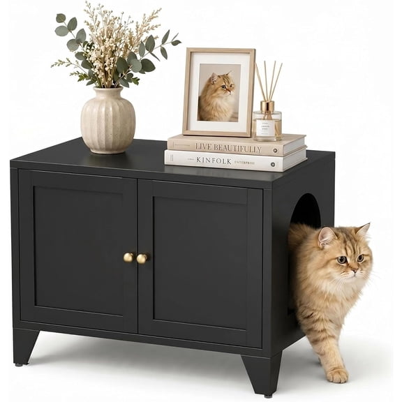 Metal Cat Litter Box Enclosure Furniture, Hidden Cat Washroom Cabinet with 2 Doors, Modern Pet Cabinet for Litter Box or Cat Bed, Dog Proof Indoor Cat House, End Table, Nightstand, Black