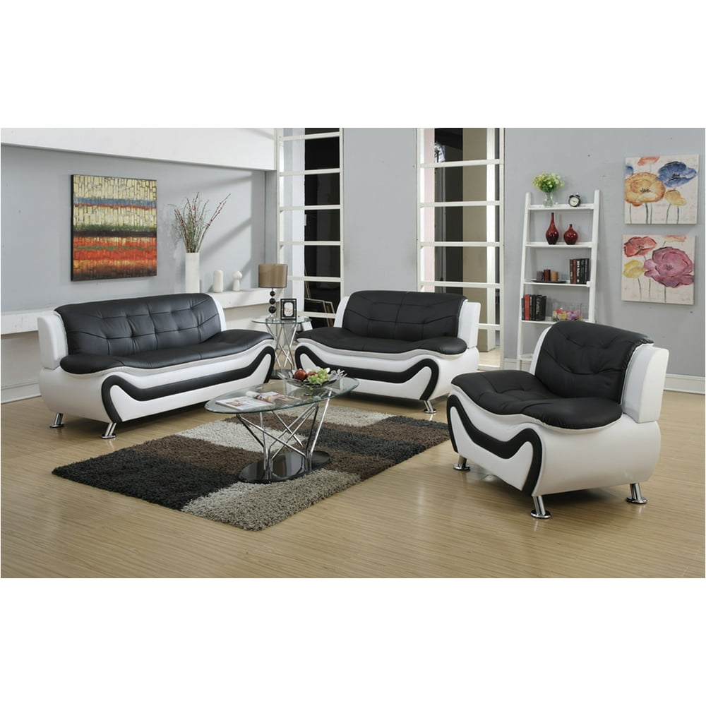 Frady 3 pc Black and White Faux Leather Modern Living Room Sofa set