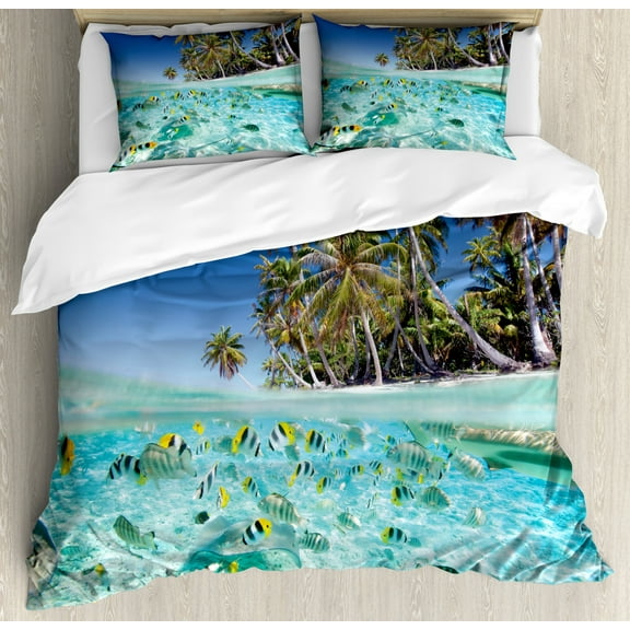 Tropical King Size Duvet Cover Set, Exotic Island Above and Underwater Picture Scenic Polynesian Untouched Shoreline, Decorative 3 Piece Bedding Set with 2 Pillow Shams, Multicolor, by Ambesonne