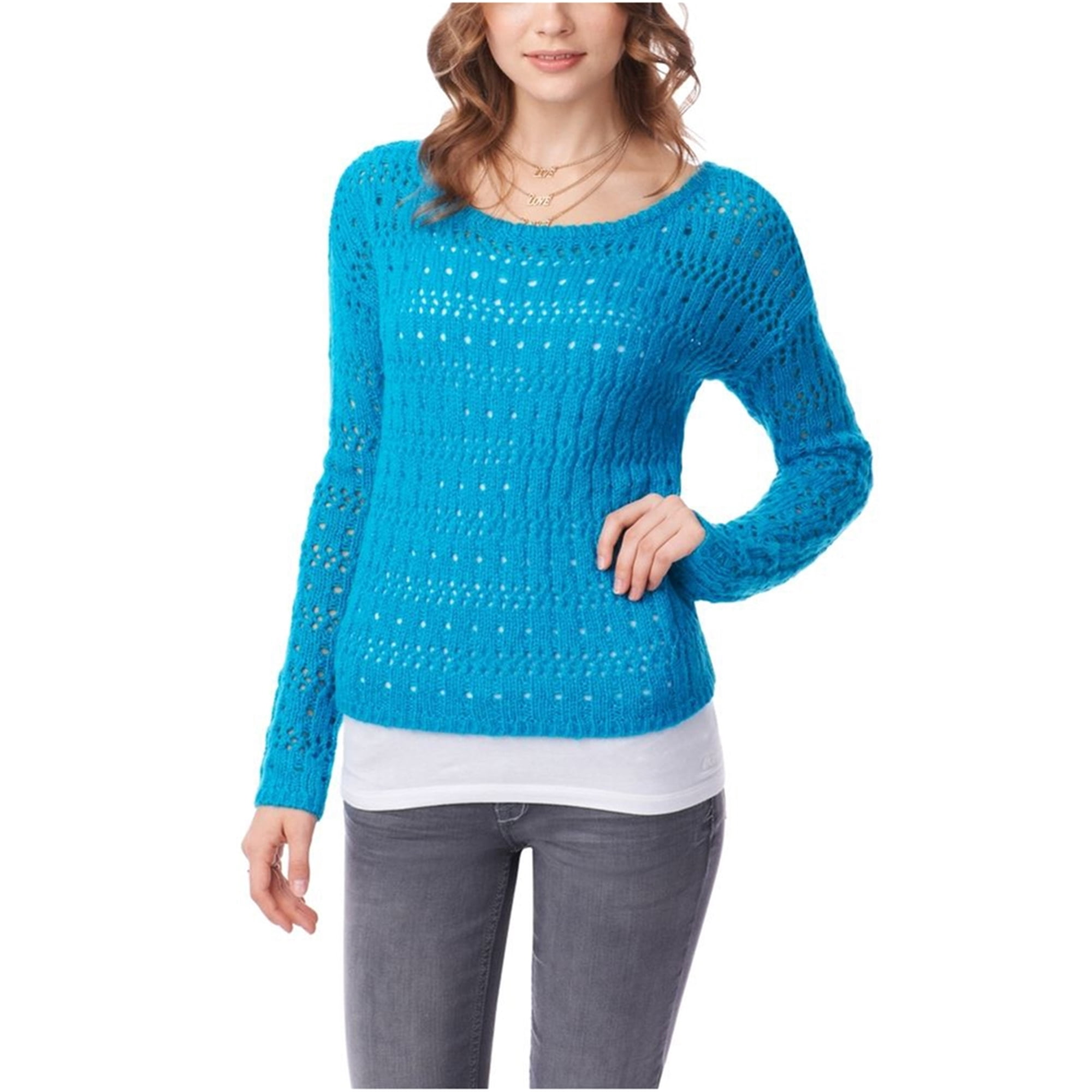 Aeropostale Womens Crochet Pullover Knit Sweater, Blue, Large