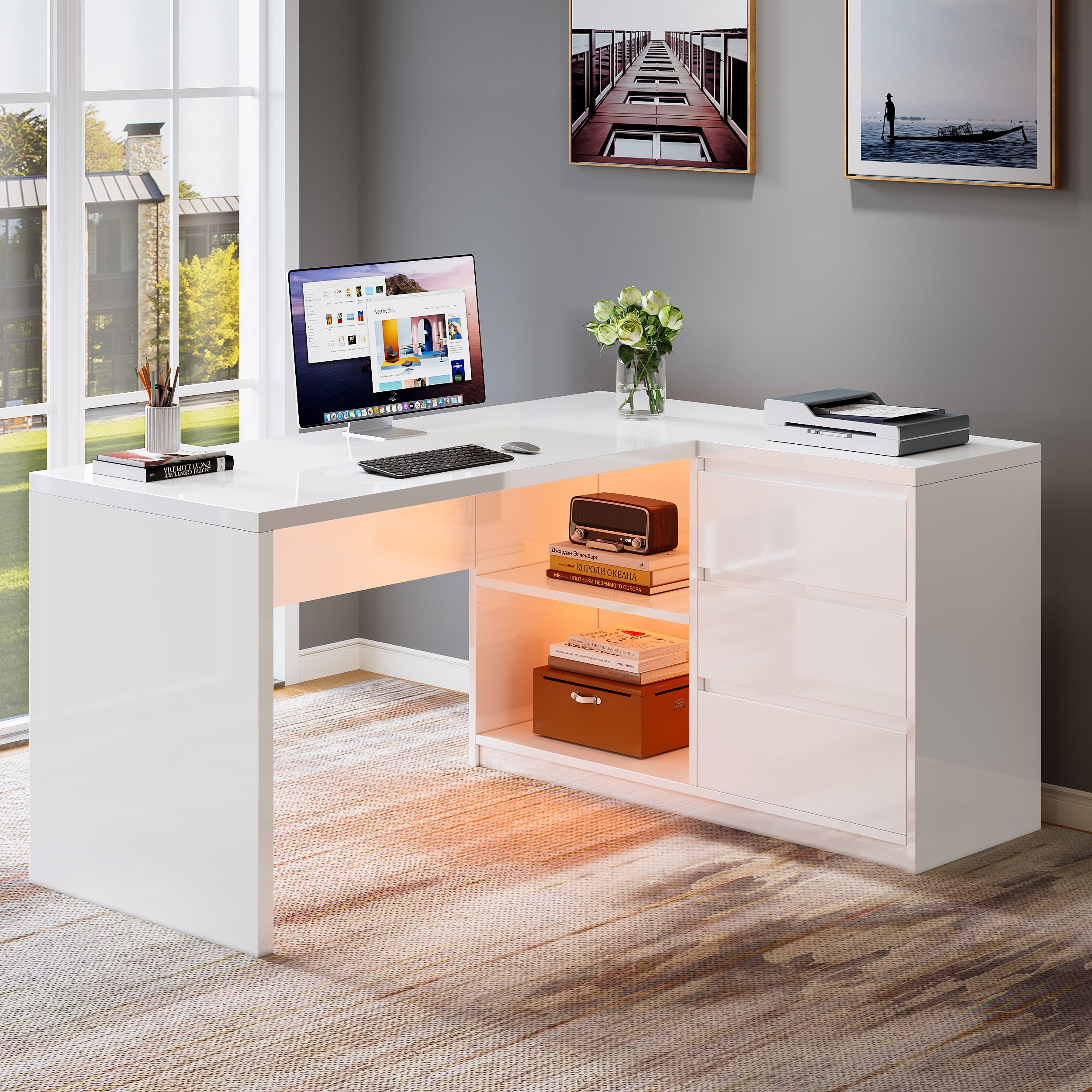 Fnova 55" L-Shaped Large Executive Desk with LED Lights & 3 Drawers, Modern Gloss Home Office Computer Desk 2 Storage Shelves, White