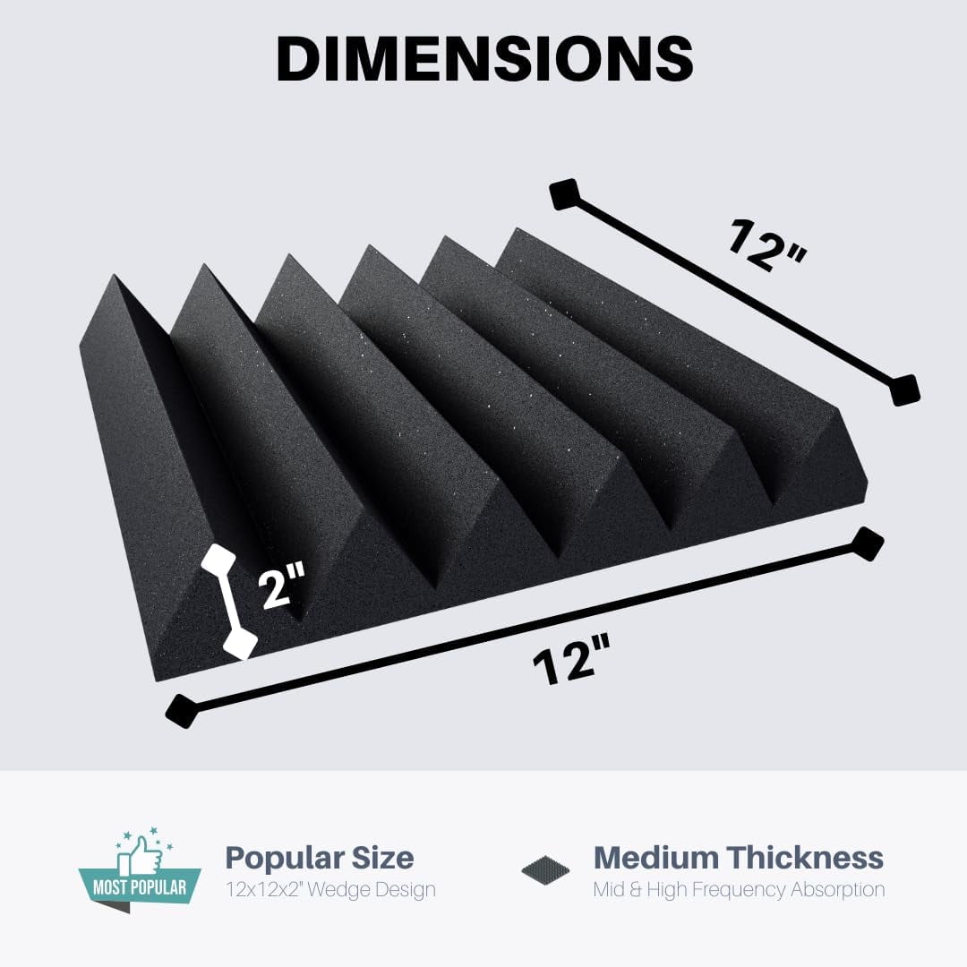 Soundproofing Acoustic Studio Foam - Charcoal Color - Wedge Style Panels 12”x12”x2” Tiles - 4 Pack