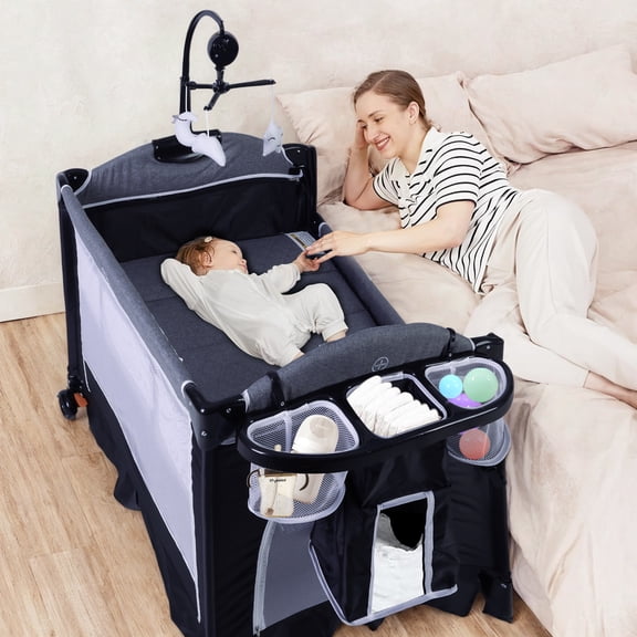 LINLUX Foldable Baby Bedside Crib Bassinet, Infant Pack and Play Playard, Newborn Playpen Changing Table,Dark Gray