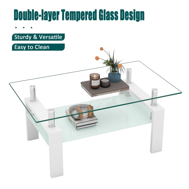 Table Basse Rectangulaire en Verre, Table Basse Transparente, Tables d'Appoint Modernes pour Salon, Mobilier de Salon, Blanc