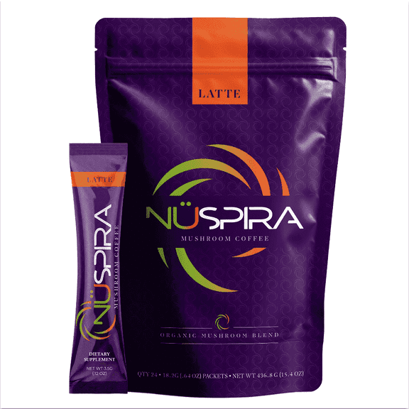 Nuspira Instant Mushroom Coffee, Latte, Naturally Caffeinated, 24 Stick Packs