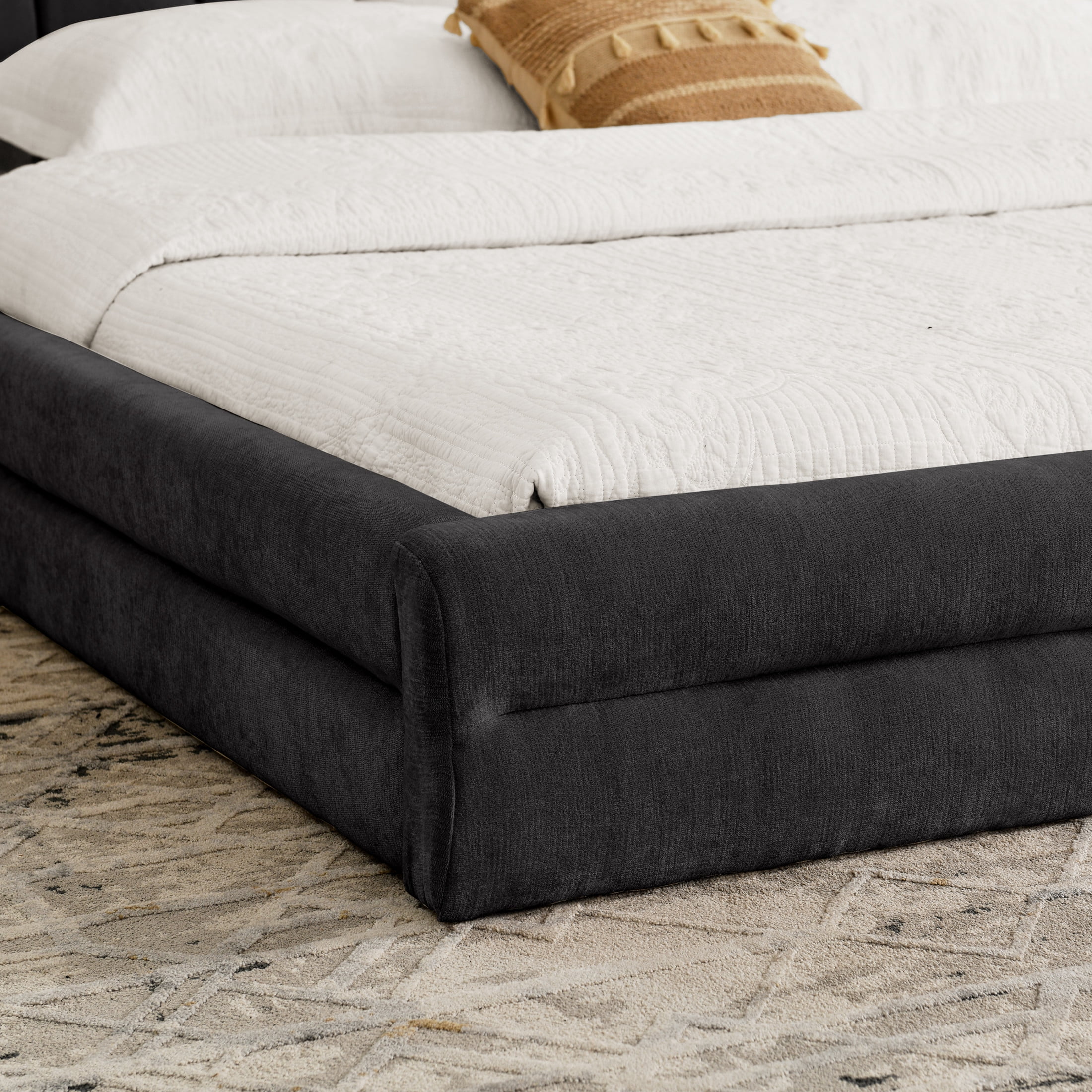 Noble House Heliox Modern King Size Grounded Bed Frame, Chenille Upholstered Platform Bed with Headboard, Dark Gray