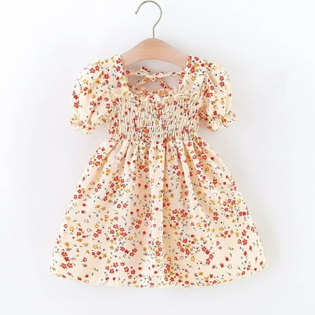 

kpoplk Baby Dresses Toddler Girls Short Sleeve Beach Dresses Kids Floral Printed Princess Dress Clothes Girls Dresses(Beige)