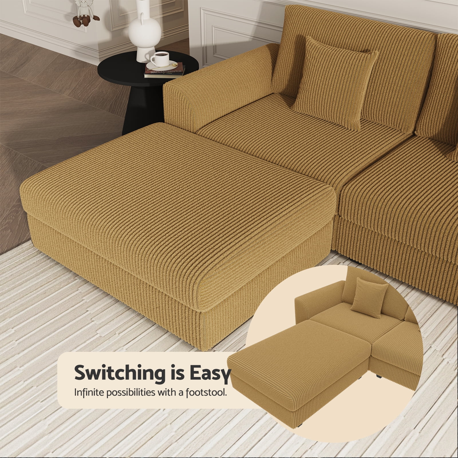 Advwin 146" Oversized Corduroy Modular Sectional Sofa, 6-Seat Convertible Sleeper Sofa with Ottoman & 5 Pillows, Modern L-Shaped Lounge Couch for Living Rooms, Yellow