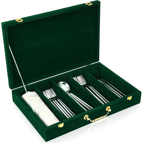 Silverware Case with Lid and Handle, Silverware Storage Box Sterling Silver Flatware Chest Without Silver Tarnish Proof Utensils Organizer for Kitchen Decor Wedding Gifts(Emerald,1 Layer)