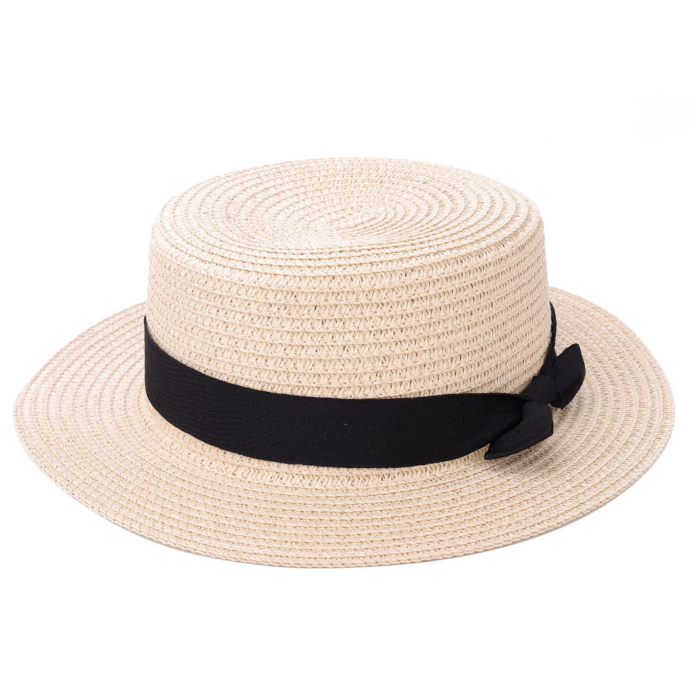 Women Boater hat hat Female Summer Hats for Kids Beach Sun Casual Bowknot Flat Straw Fedora Women Child Cap